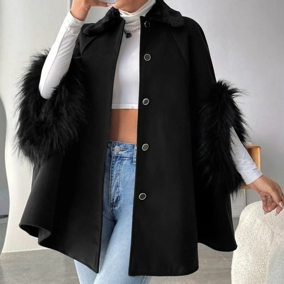 . Jackets & Blazers - Faux fur Cuff Raglan Sleeve Borg Collar Black button down Overcoat Jacket